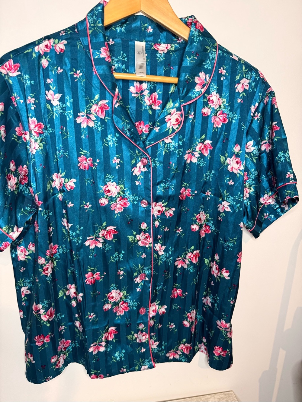 FN By Flora Nikrooz Floral Satin Pajama Set Blue Pink Lace Trim Shorts NWOT Larg